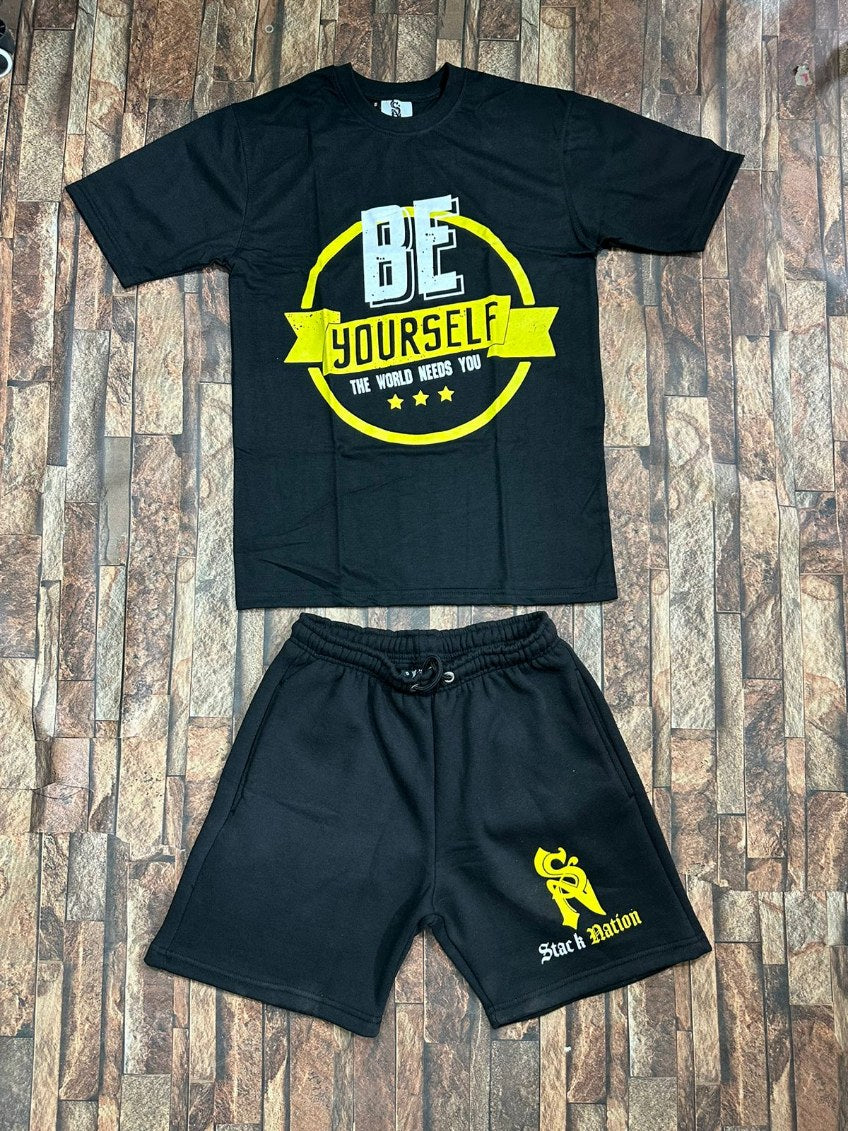 Be Your Self Stack Nation Yellow & Black Shorts & Tees Set