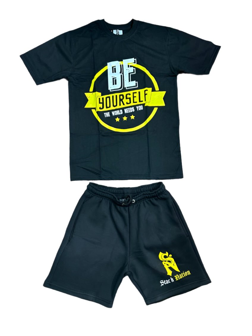 Be Your Self Stack Nation Yellow & Black Local Shorts & Tees Set